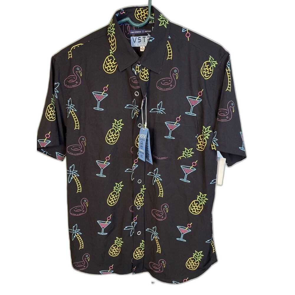 NEW VSTR Stretch Black SS Shirt Neon Pineapple Palm Trees cocktails Small $50